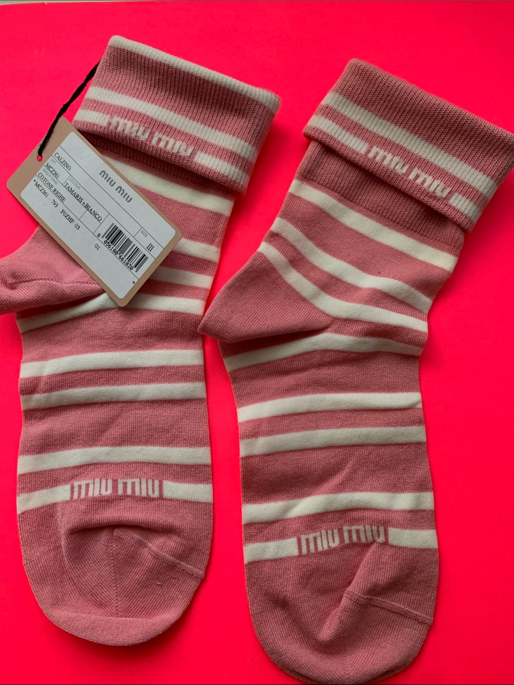 Miu Miu Pink and Cream Striped Crew Socks